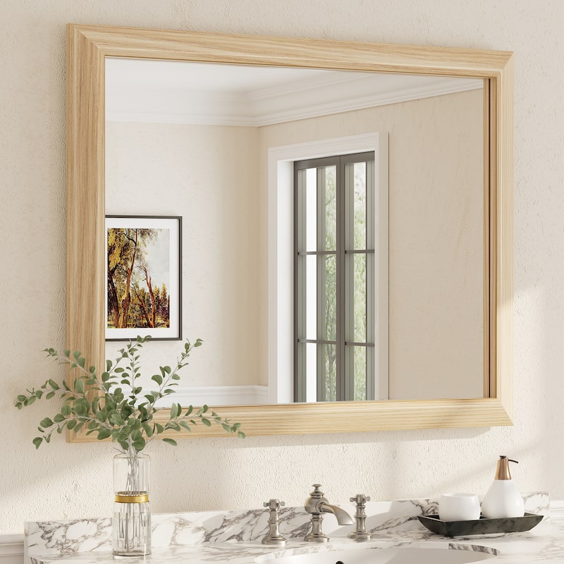 Beveled Metal Rectangle Framed Bathroom Vanity Tempered Glass Mirrors - 40" x 32" - Light Brown