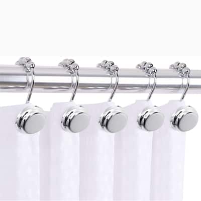 12 Piece Set - Chrome Button Heavy Duty Shower Curtain Hooks Rings Rustproof Metal
