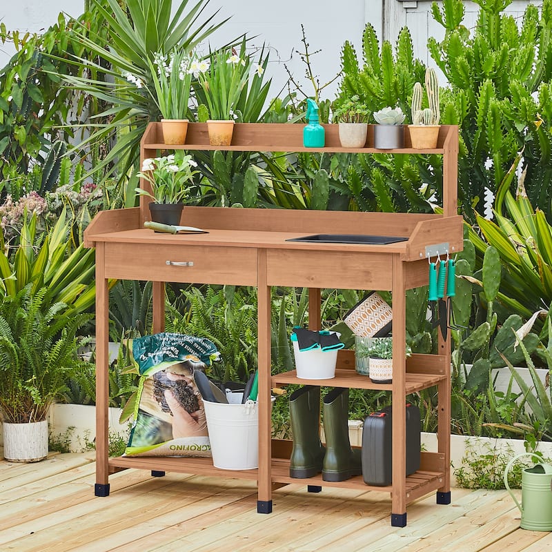 Yaheetech Garden Potting Bench Planting Bench with Sink Drawer Rack - Brown