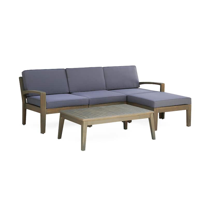 78" Outdoor Patio L-Shaped Acacia Wood Sectional Sofa Set with Coffee Table and Ottoman