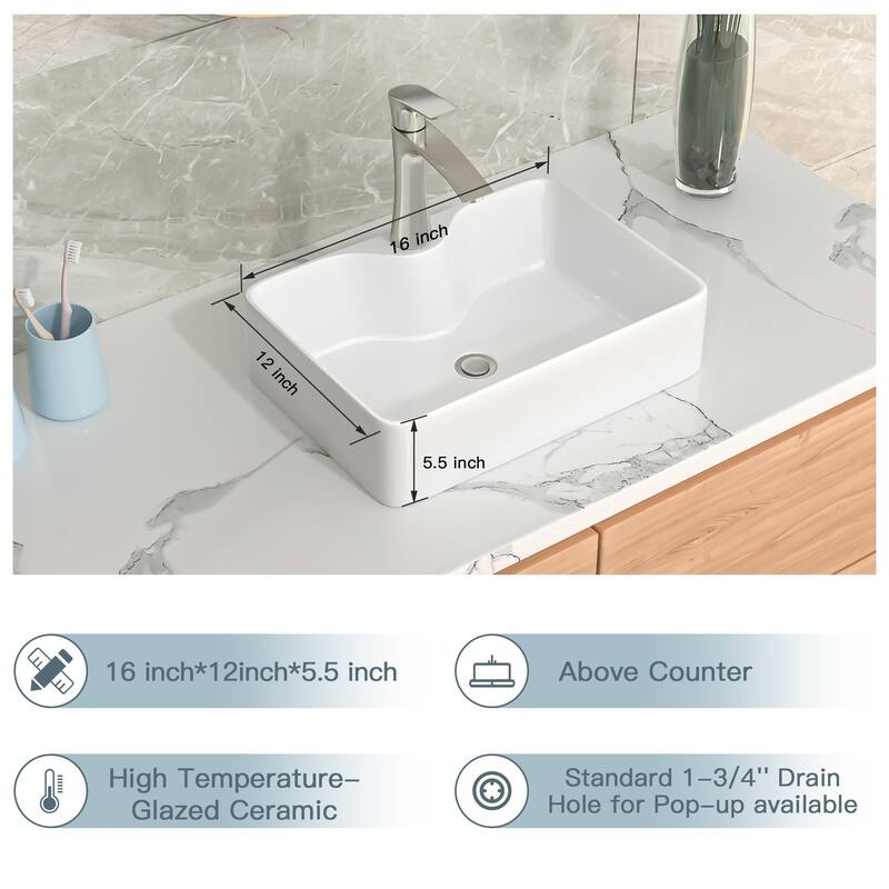 Lordear 16"x12" Rectangular White Ceramic Bathroom Vessel Sink Basin With Faucet Hole