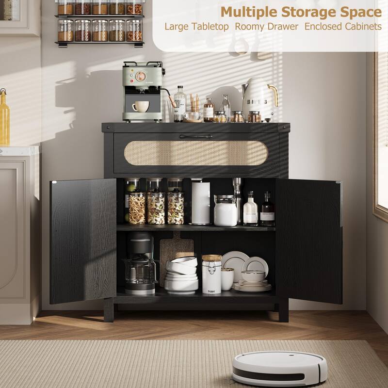 Rattan Sideboard Buffet Cabinets with Storage, Farmhouse Kitchen Accent Storage Cabinet, Boho Coffee Bar Cabinet