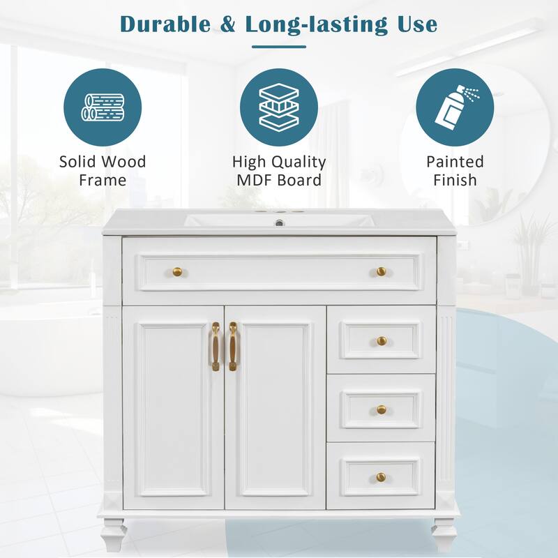 36" Bathroom Vanity with Sink, Storage Vanity Cabinet with Flip-Out Drawer, 3 Drawers, 2 Soft-Close Doors and Gold Handles