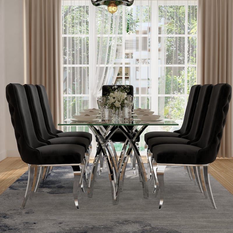 Luxurious Clear Tempered Glass Dining Table Set with Heavy Duty Dining Chairs - Clear Silver - Table with 6 Chairs