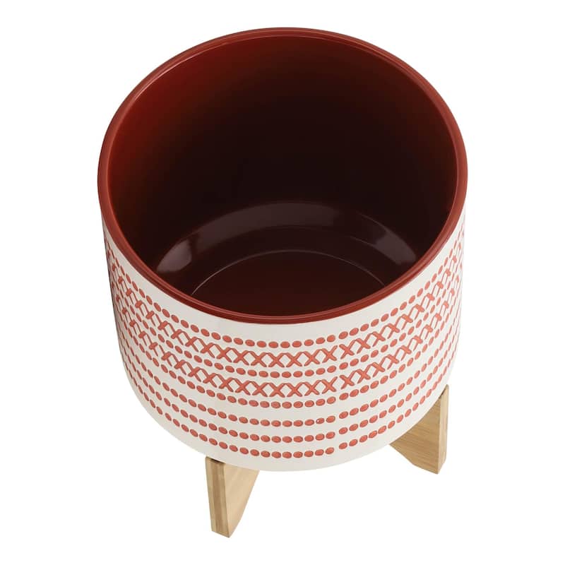 10-inch Ceramic Planter with Wood Stand,Orange