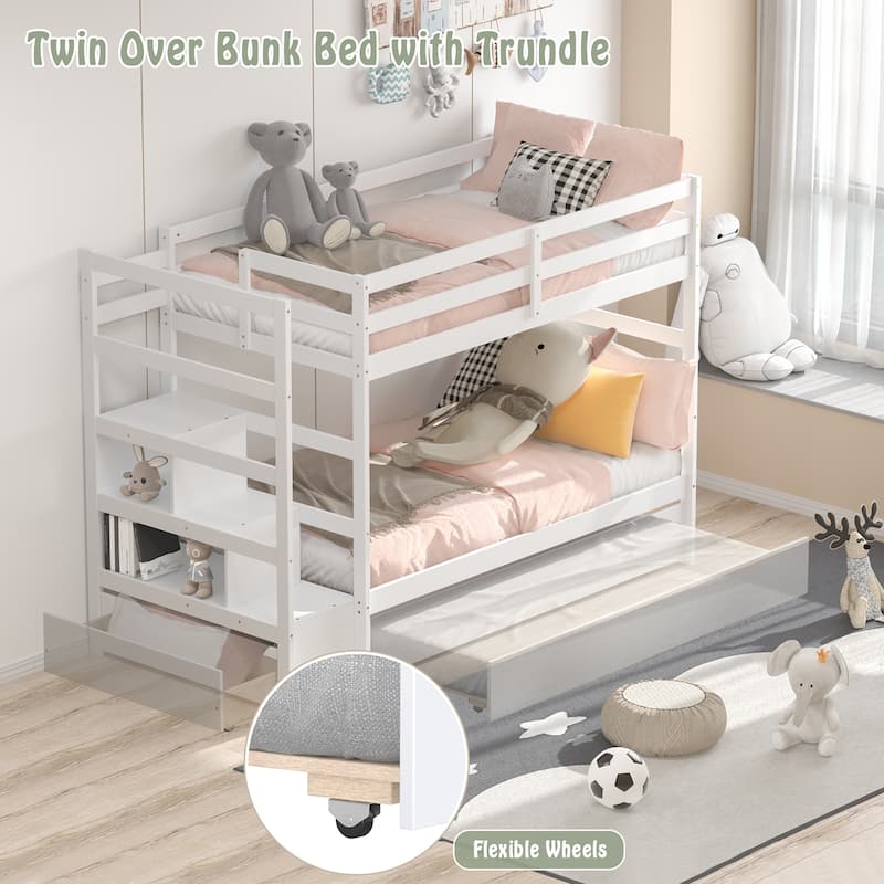 Costway Twin Over Twin Bunk Bed with Trundle Stairway and Storage - 39'' x 75''