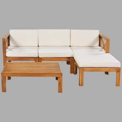 Wooden 5-Piece Sectional Patio Seating Set with Cushions & Tea Table, UV & Water Resistant