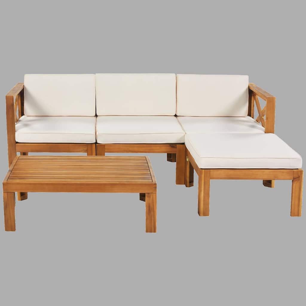 Wooden 5-Piece Sectional Patio Seating Set with Cushions & Tea Table, UV & Water Resistant