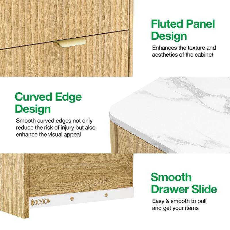 57" Wooden Buffet Cabinet With Faux Marble Top & Fluted Chest Of Drawers With Curved Edges