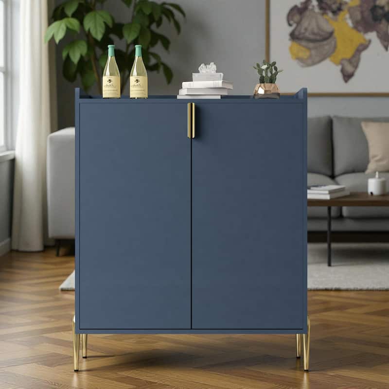 Modern 2-Door Wine Bar Cabinet with Bottle Storage Rack and Adjustable Shelf, Buffet Sideboard for Kitchen or Coffee Bar - Blue