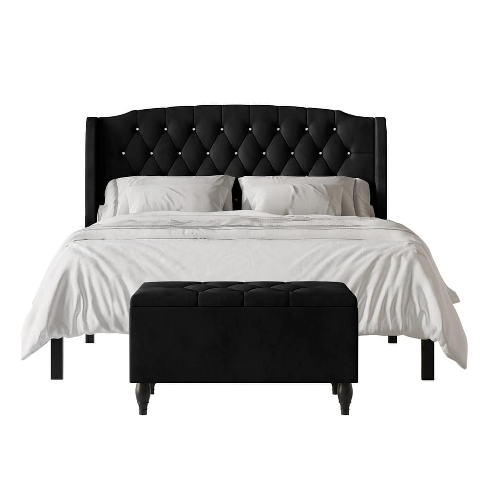 CraftPorch 2 Piece Bedroom Bench Set Velvet Wingback Upholstered Bed
