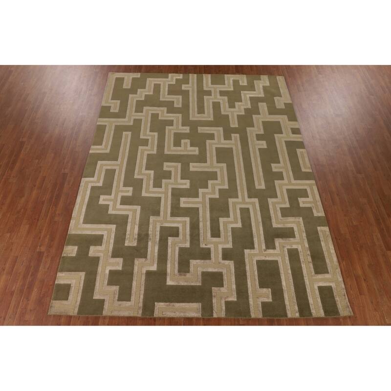 Green Geometric Nepalese Modern Area Rug Hand-Knotted Wool Carpet - 9'0" x 11'9"