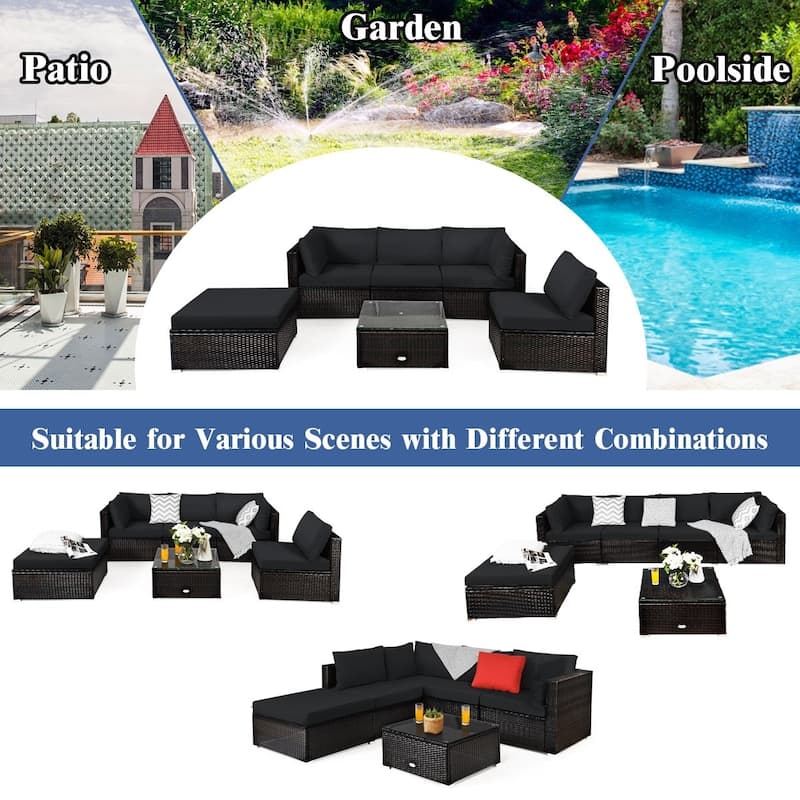 6 Pieces Outdoor Patio Rattan Furniture Set Sofa Ottoman with Coffee Table - 30'' x 30'' x 26''(L x W x H)