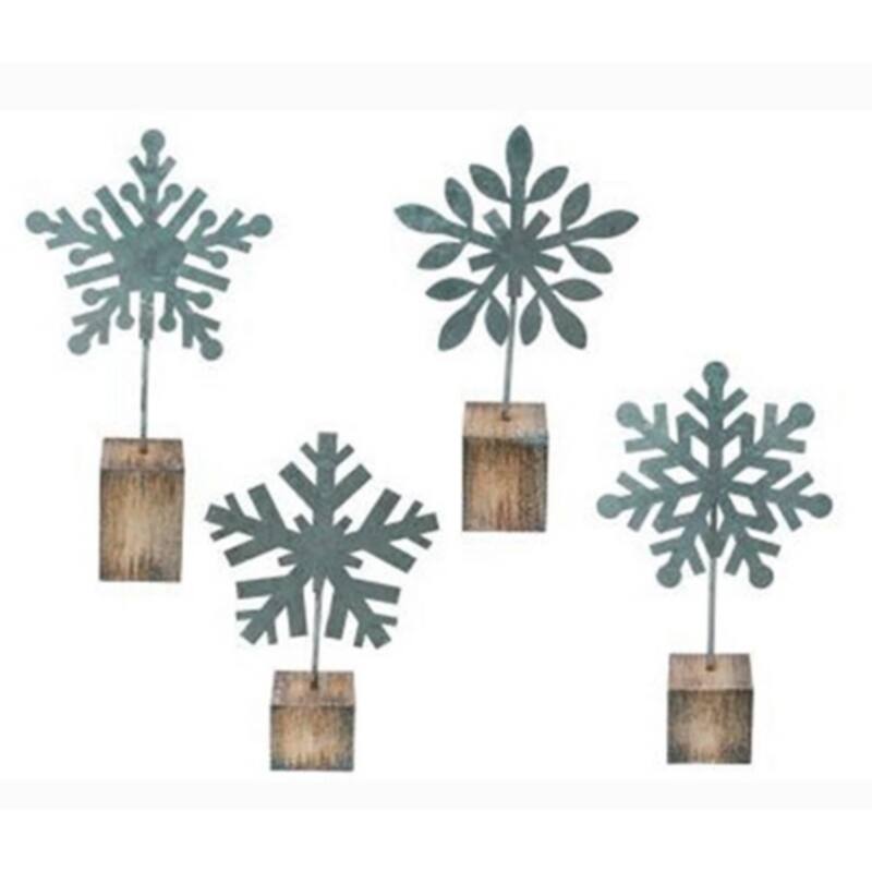 Green Brown Galvanized Metal Snowflake Photo Clip Set with Wood Base 9 Inch - 4 Asstd - Height - 9.00 in.