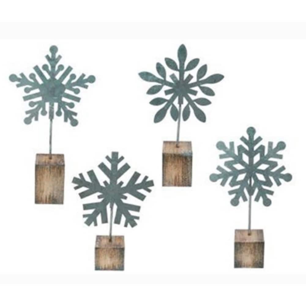 Green Brown Galvanized Metal Snowflake Photo Clip Set with Wood Base 9 Inch - 4 Asstd - Height - 9.00 in.
