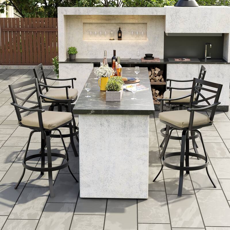 Outdoor Bar Stools Patio Aluminum Swivel Barstools with Sunbrella Cushion - 4-piece set, Canvas Antique Beige Cushion