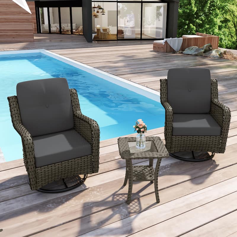 3-Piece Patio Rattan Swivel Cushioned Rocking Chair Set With Side Table