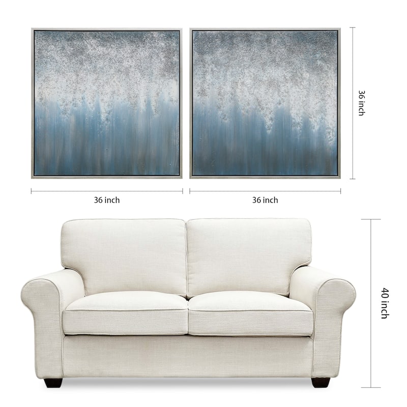 Blue Rain Textured Glitter Hand Painted Canvas Wall Art Set of 2
