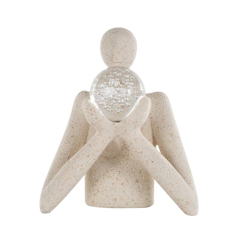 Polystone People Abstract Textured Decorative Sculpture with Clear Glass Ball and Gold Speckles - Cream - Roche River Decor