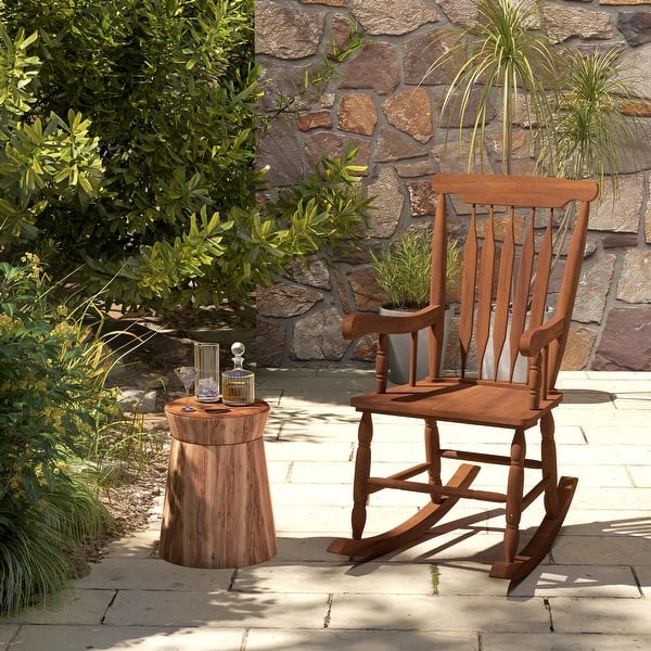 Outsunny Outdoor Wood Rocking Chair, 350 lbs. Porch Rocker with High Back for Garden, Patio, Balcony - teak