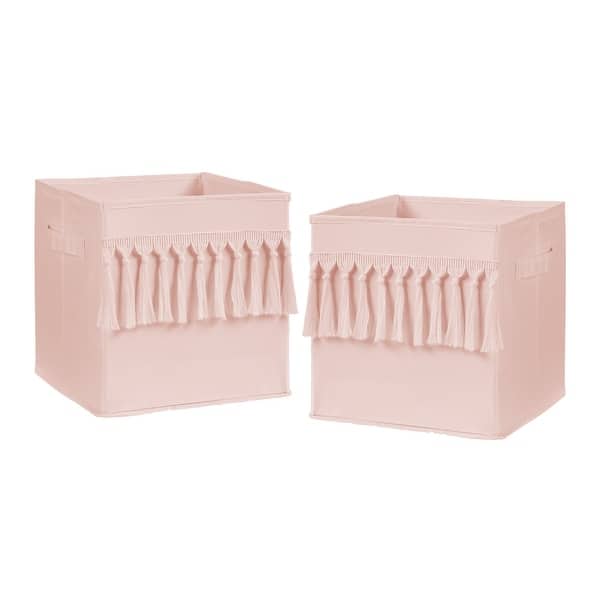 slide 2 of 4, Pink Boho Bohemian Foldable Fabric Storage Bins - Solid Color Blush Shabby Chic Princess Luxurious Luxury Elegant Tassel Fringe