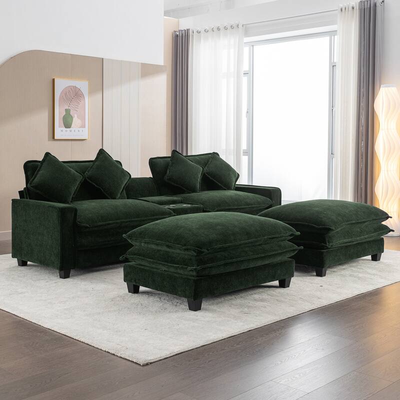 111" Chenille Sectional Sofa Set with USB Ports & Cup Holders, Oversized Chaise Lounge Modular Loveseat with 2 Ottomans