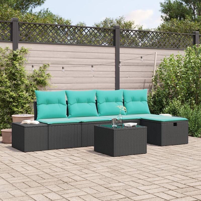vidaXL 5/6 Garden Sofa Set with Cushions Black/Brown/Grey Poly Rattan - 115.8 x 46.1 x 27.2 - Black with table