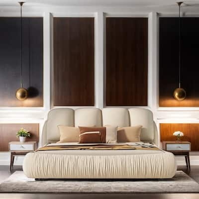 Queen Size Luxury Upholstered Bed with Thick Headboard and Oversized Padded Backrest