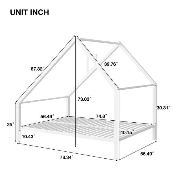 White Full Size Metal House Platform Bed with Roof and Charming Chimney