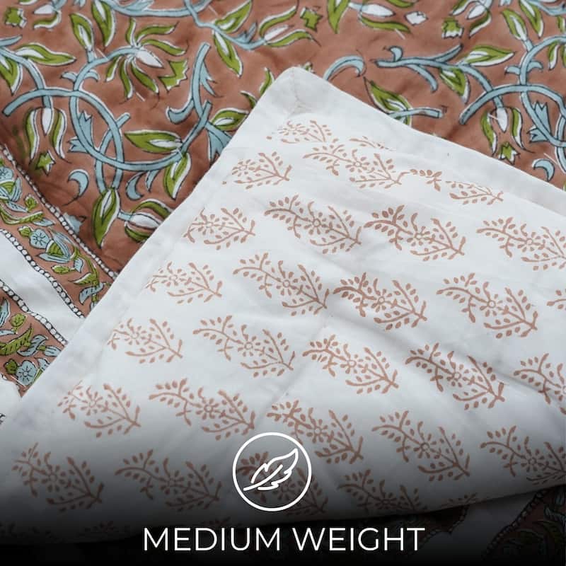 Fabdivine Artisan Handmade 100% Cotton Quilt - Brown Green Floral Block Print, Reversible Bohemian Bedding for Home