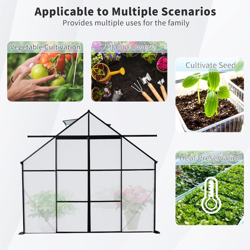 8x8 FT Double Door Polycarbonate Greenhouse Raised Base and Anchor Aluminum Heavy Duty Walk-in Greenhouses for Outdoor Backyard