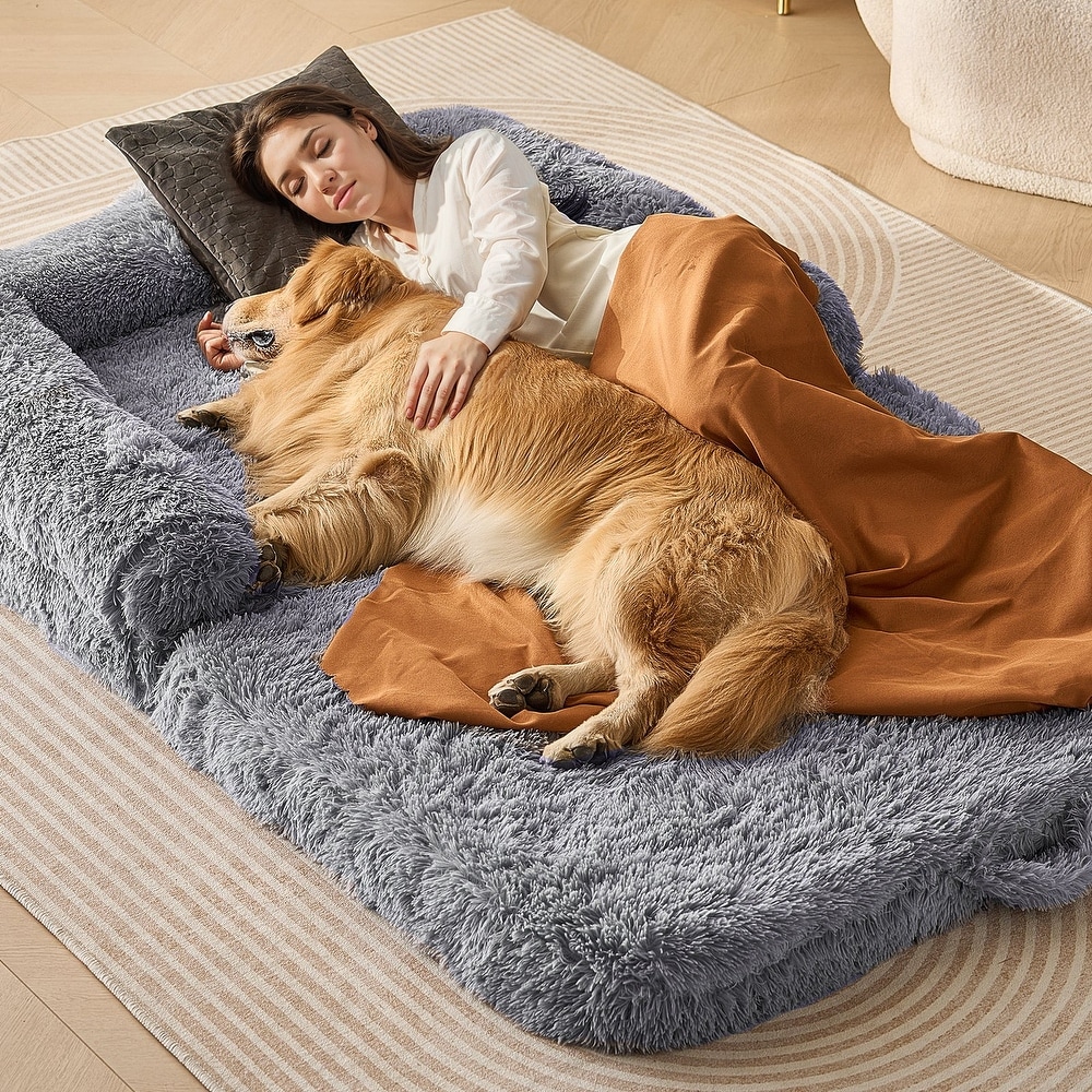 flyout slide 0 of 11, Grey Rectangular Large Human Size Dog Bed with Side Handles and Side Pocket for Storage - 71.7 x 48 x 10 in