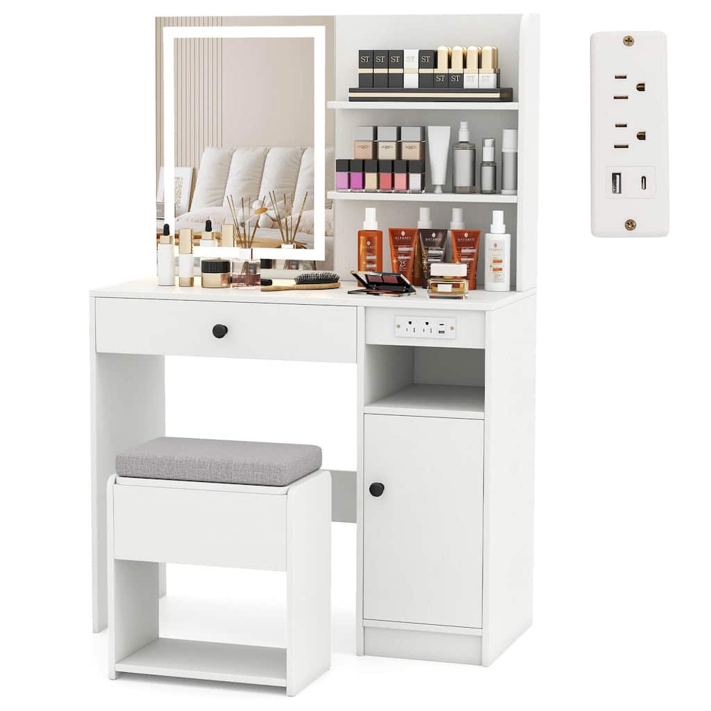 Costway Vanity Desk Set with Mirror & Lights Power Outlet Cushioned - See Details