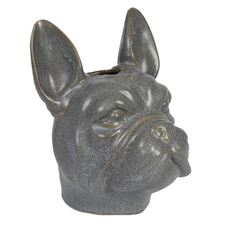 Stoneware French Bulldog Head Vase with Reactive Glaze