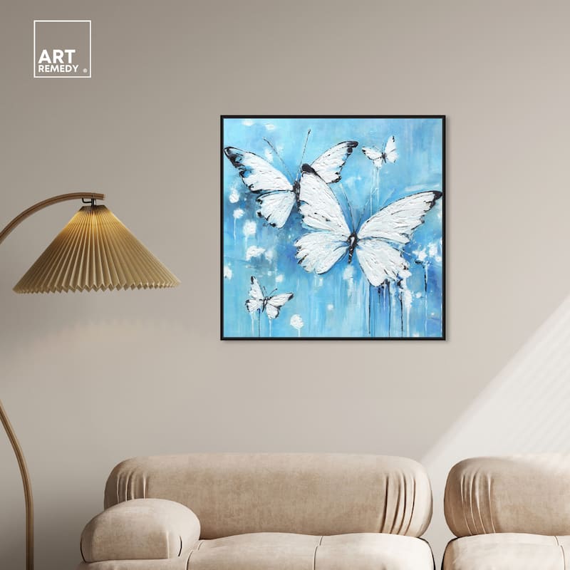 Art Remedy Textured Blue Butterflies Framed Butterfly 1 Piece Canvas Wall Art