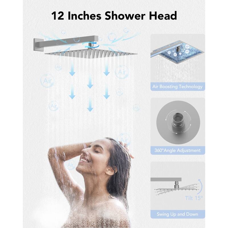 Thermostatic Shower System 12" Rain Shower Head with High Pressure Handheld Spray
