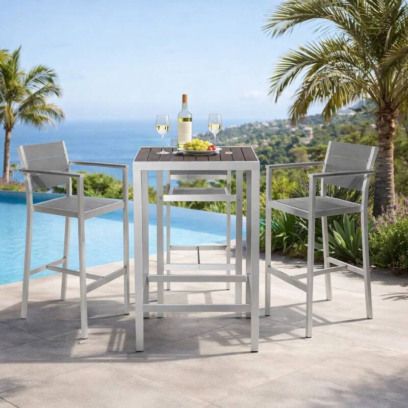 Kylo 5 Piece Bar Table Set, Gray Polyresin Backs and Seats, Aluminum Frame