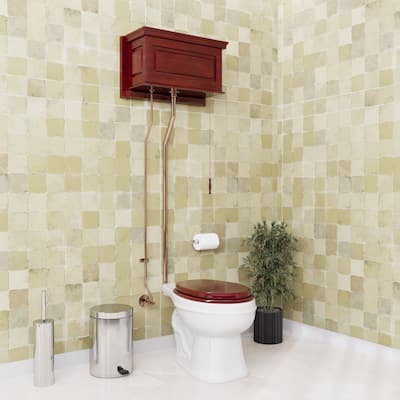 High Tank Toilet - Cherry Wooden Tank, Elongated White Bowl and Brass L Pipes Renovators Supply