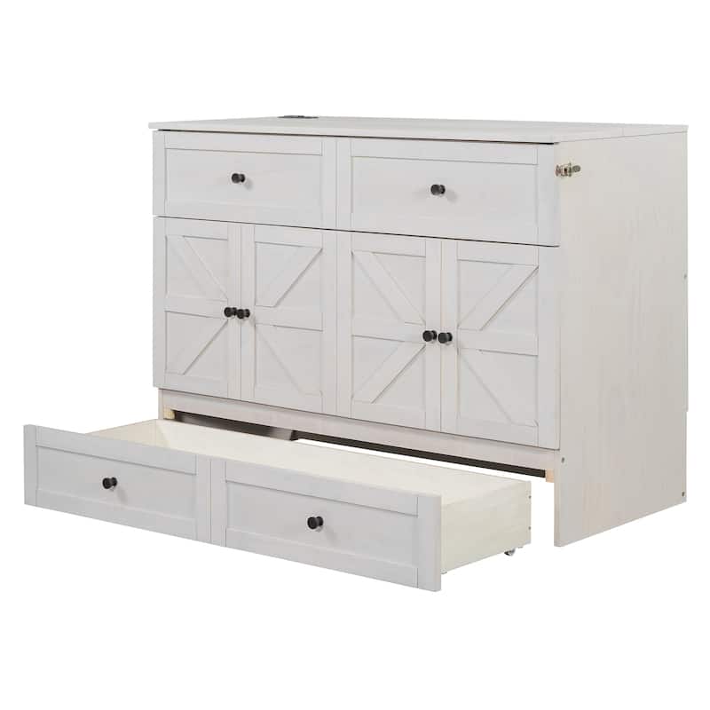 Full Size Murphy Bed with Storage Drawers, USB Ports, and Brushed White Finish, Space-Saving Design, Easy Assembly