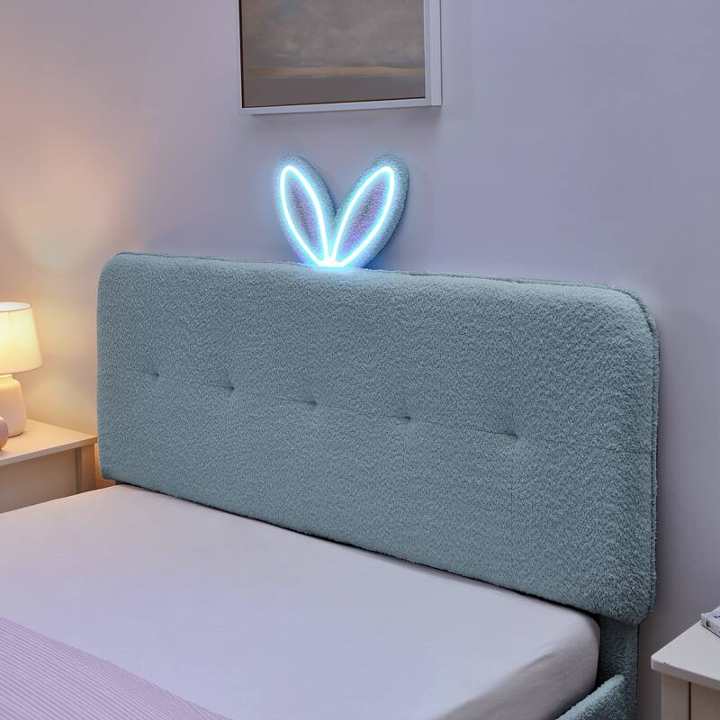 Queen Size Boucle Upholstered Bed with Rabbit Ear Headboard, LED Music Sync & 4 Drawers