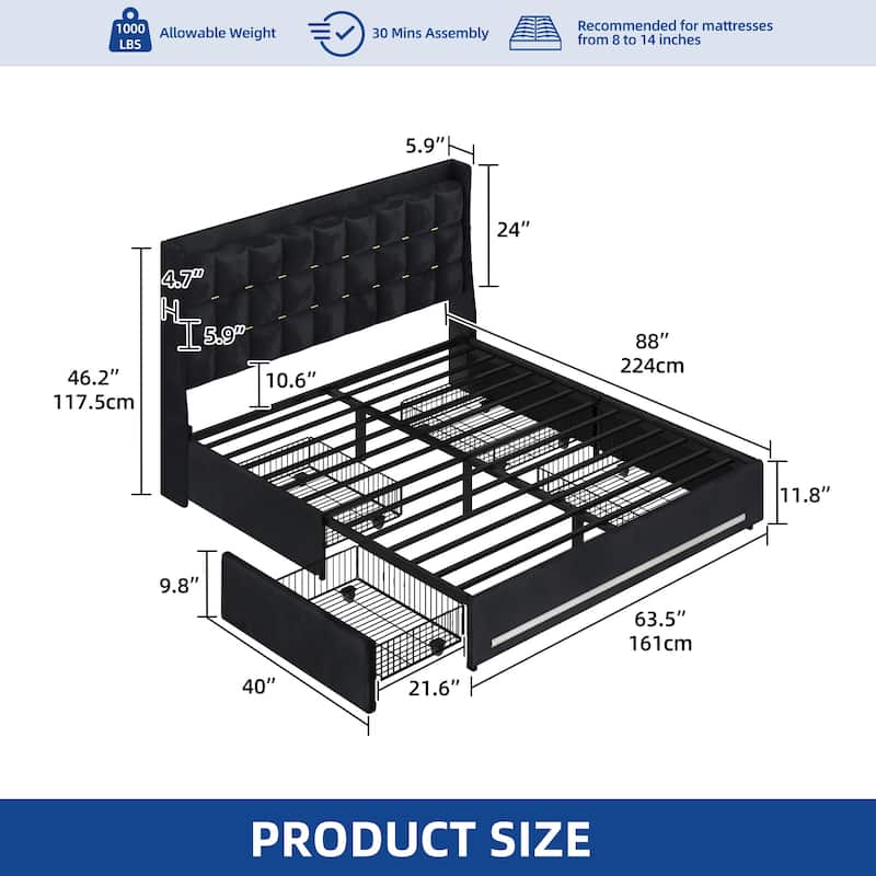 Moasis King Size Velvet Platform Bed with 4 Drawers RGB Lights and Charging Station No Box Spring Needed - Black - Queen