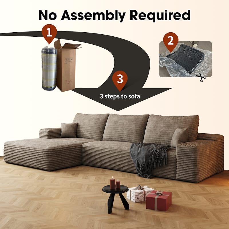 Modern Corduroy Upholstered L-shaped Deep Seat Sectional Sofa with Chaise Lounge, Floor Standing Modular Compression Couch