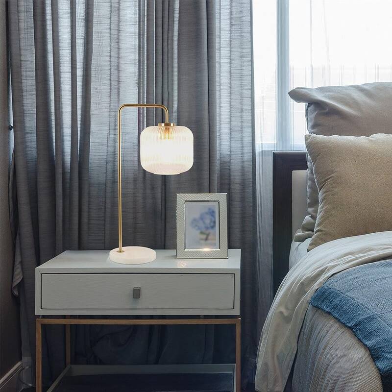 Haven Clear Glass Table Lamp, Gold Brush Metal and Marble Base, Button Control - Gold,White,White Marble
