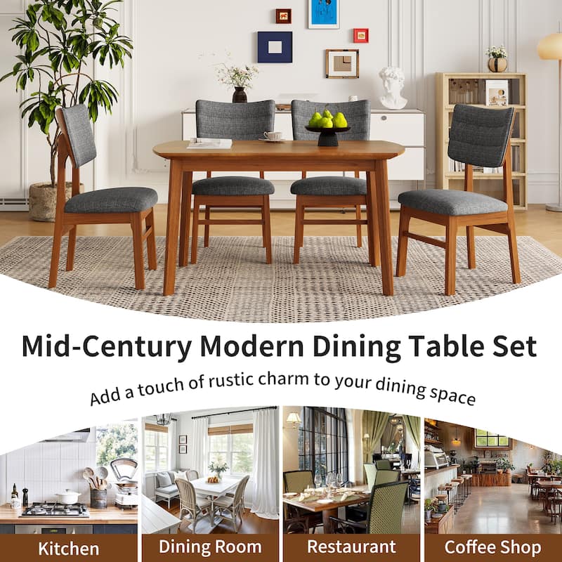 Mid-Century Modern Dining Table Set for 4, 5 Piece Farmhouse Solid Wood Dining Table and 4 Upholstered Chairs Set for Home