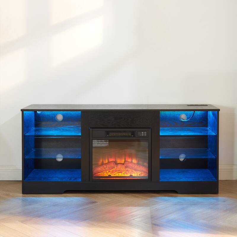 Modern 3D Fireplace TV Stand with LED Lights, USB Ports, and Glass Shelves, for TVs up to 62" - Black Wood