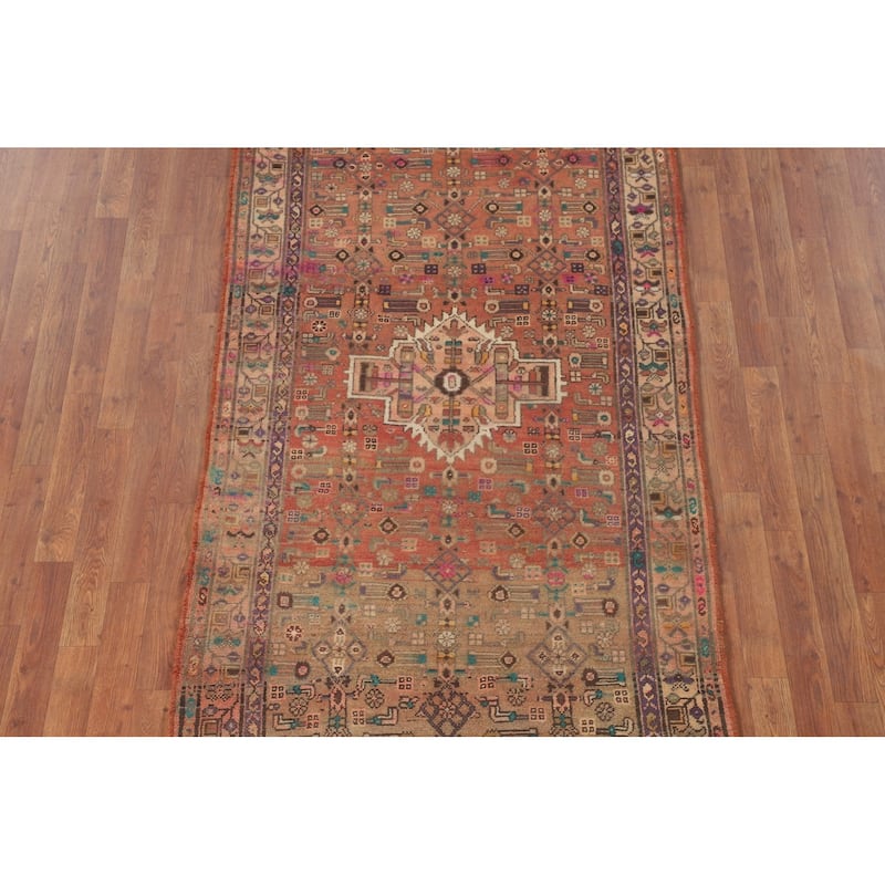 Geometric Zanjan Persian Vintage Runner Rug Handmade Wool Carpet - 3'7"x 9'10"