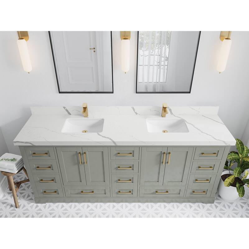 Willow Collection 84 in W x 22 in D x 36 in H Boston Double Bowl Sink Bathroom Vanity with Countertop - 2"Calacatta Laza - Evergreen