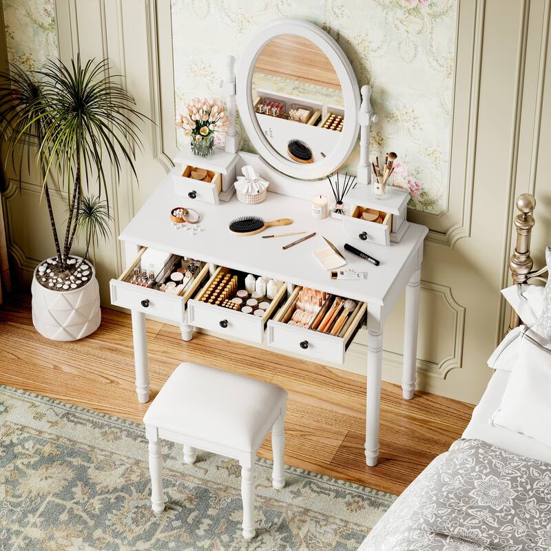 Vanity Desk with Adjustable Angle Mirror,Vanity Makeup Table and Cushioned Stool Set with Velvet Fabric Lining 5 Drawers