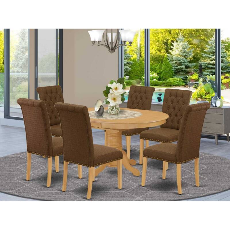 HomeStock 7-Pc Oval Natural Oak Finish Solid Wood Top Dining Table with 6 Parson-Chairs with Butterfly Leaf