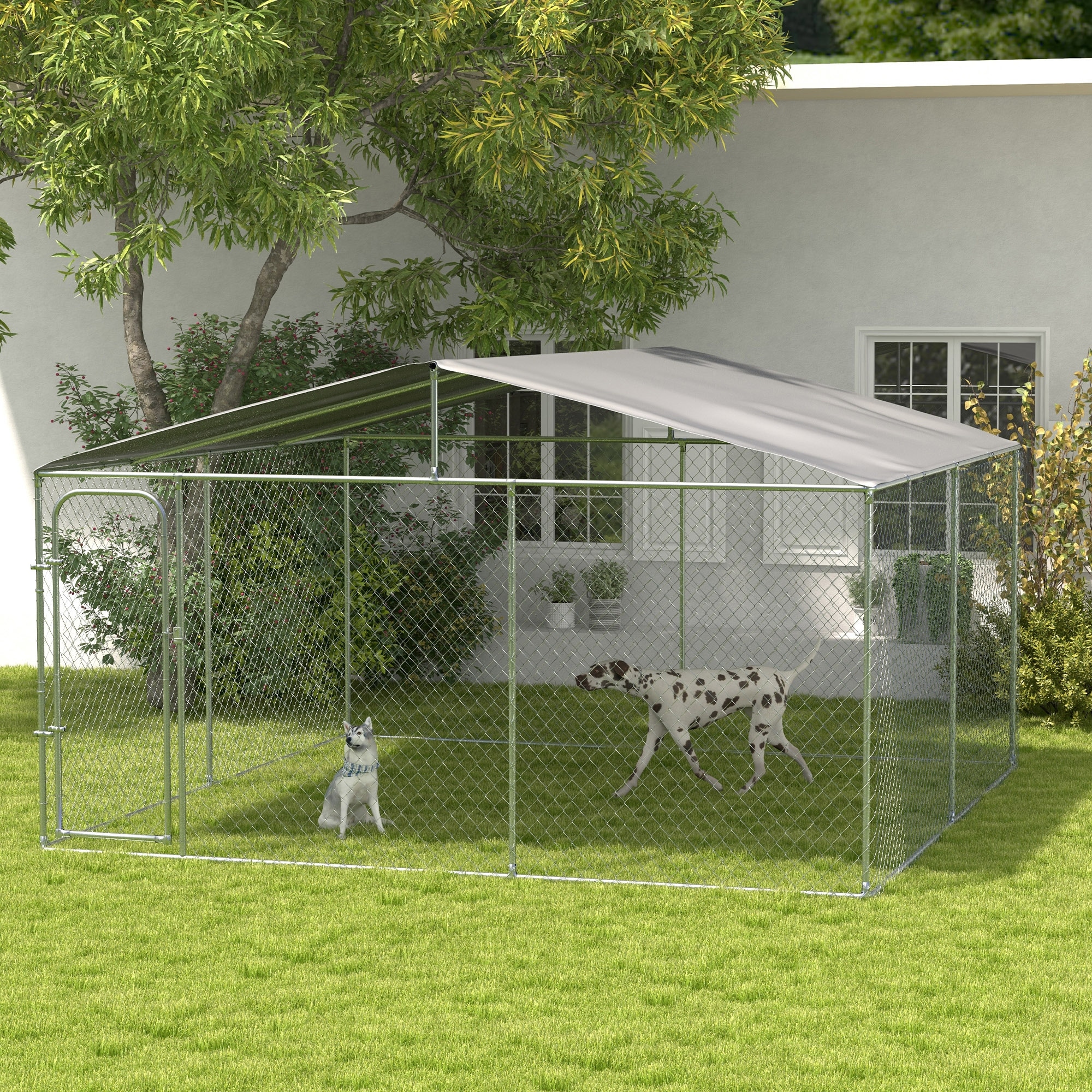 PawHut 13'x13'x7.5' Galvanized Chain Link Heavy Duty Outdoor Dog Run